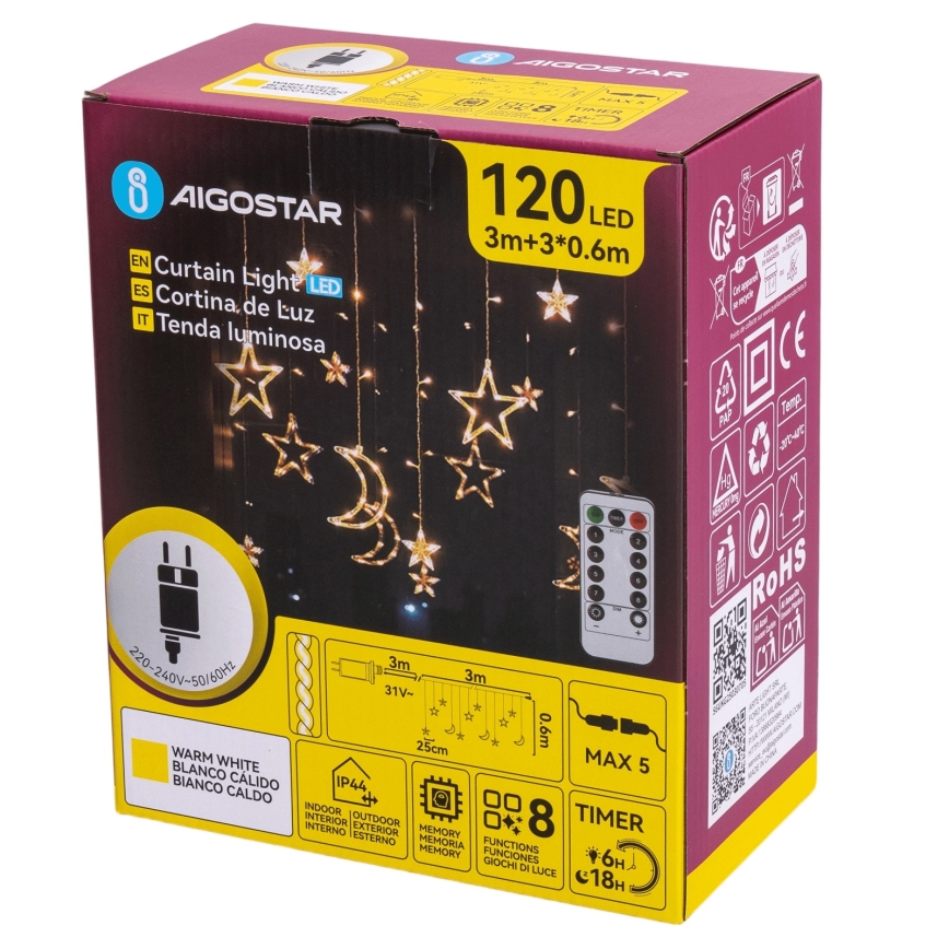 Aigostar - Guirlande LED d'extérieur 120xLED/6W/230V/8 fonctions 3x0,6m IP44 blanc chaud + télécommande
