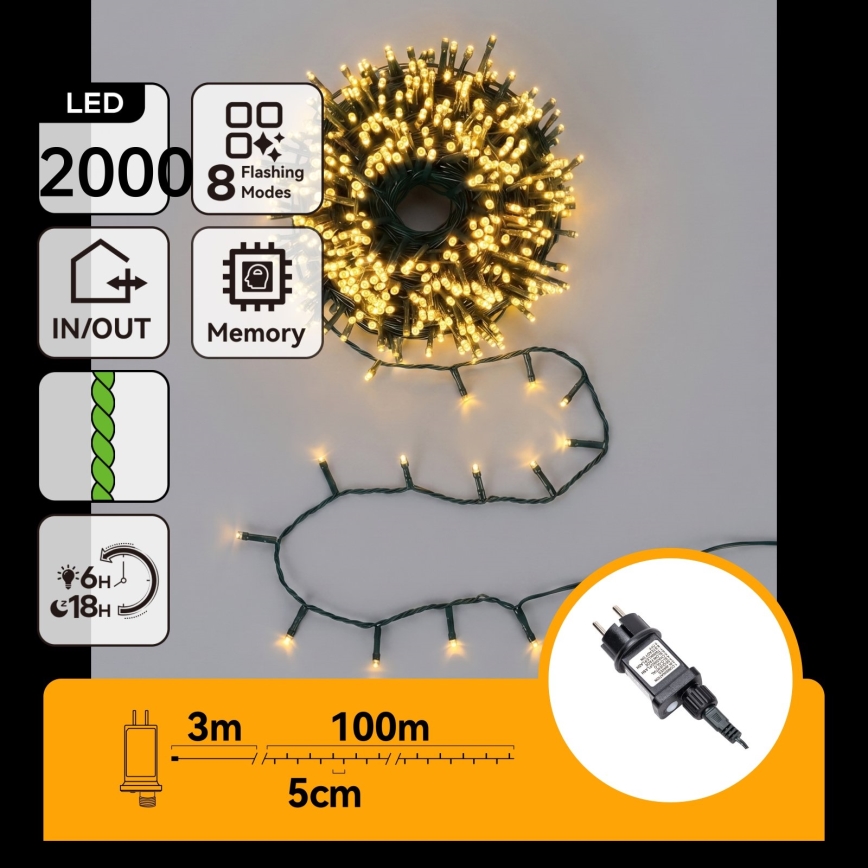 Aigostar - Guirlande de Noël LED extérieure 2000xLED/8 fonctions 103 m IP44 blanc chaud