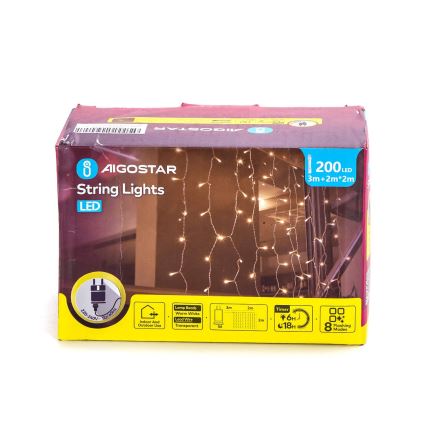 Aigostar - Guirlande de Noël LED extérieure 200xLED/8 fonctions 5x2m IP44 blanc chaud