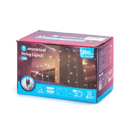 Aigostar - Guirlande de Noël LED extérieure 200xLED/8 fonctions 5x2m IP44 blanc froid