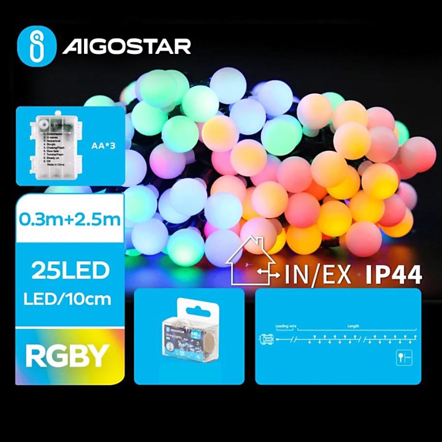 Aigostar - Guirlande de Noël LED extérieure 25 LED/3xAA/8 fonctions 2,8 m IP44 multicolore