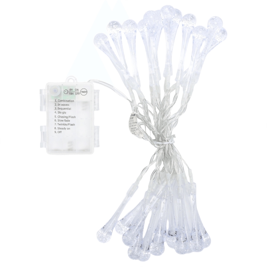 Aigostar - Guirlande LED extérieure 25 LED, 8 fonctions, 3xAA, 2,5 m, IP44, blanc chaud, gouttes