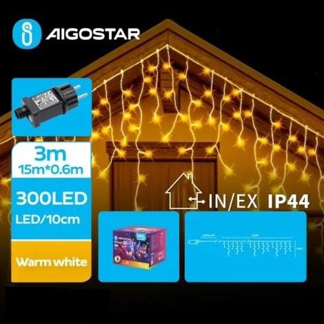 Aigostar - Guirlande de Noël LED extérieure 300xLED/8 fonctions 18x0,6m IP44 blanc chaud