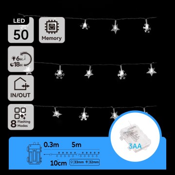 Aigostar - Guirlande de Noël LED extérieure 50 LED / 8 fonctions, 3 piles AA, 5 m, IP44, blanc froid