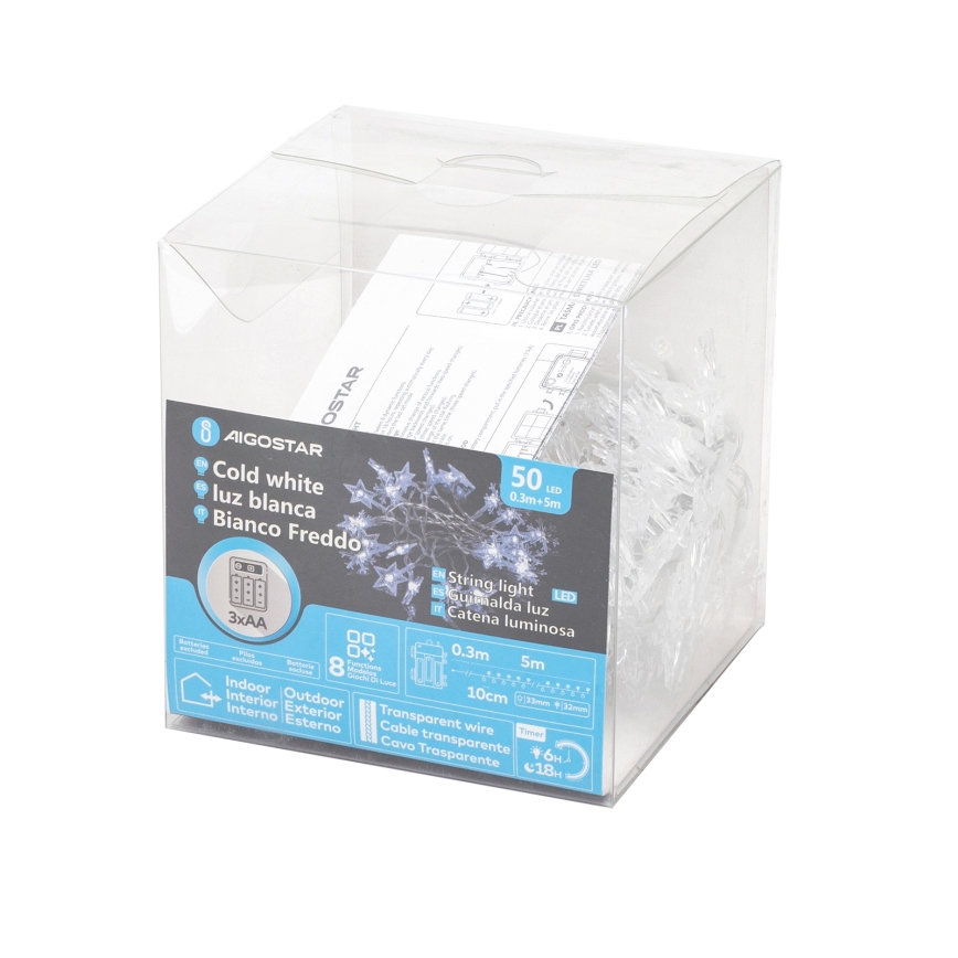 Aigostar - Guirlande de Noël LED extérieure 50 LED / 8 fonctions, 3 piles AA, 5 m, IP44, blanc froid