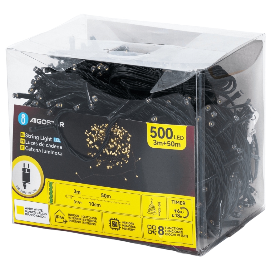 Aigostar - Guirlande de Noël LED extérieure 500xLED/8 fonctions 50m IP44 blanc chaud