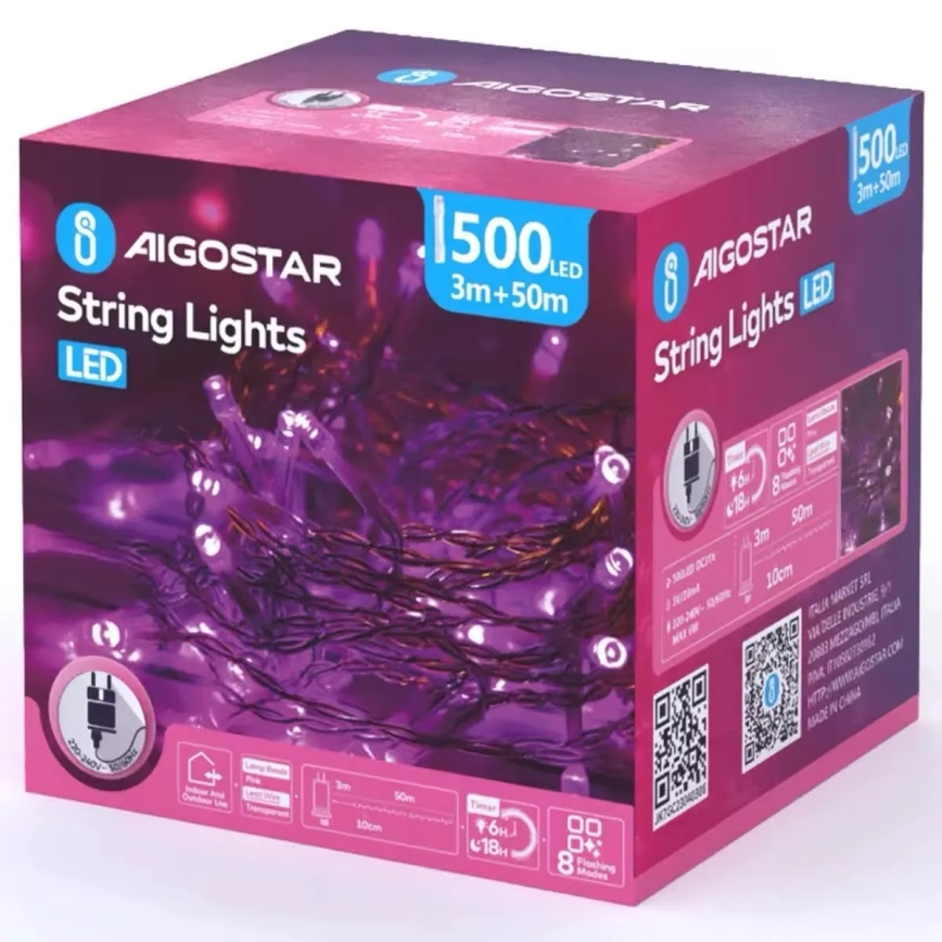 Aigostar - Guirlande lumineuse LED d'extérieur de Noël 500xLED/8 fonctions 53m IP44 rose