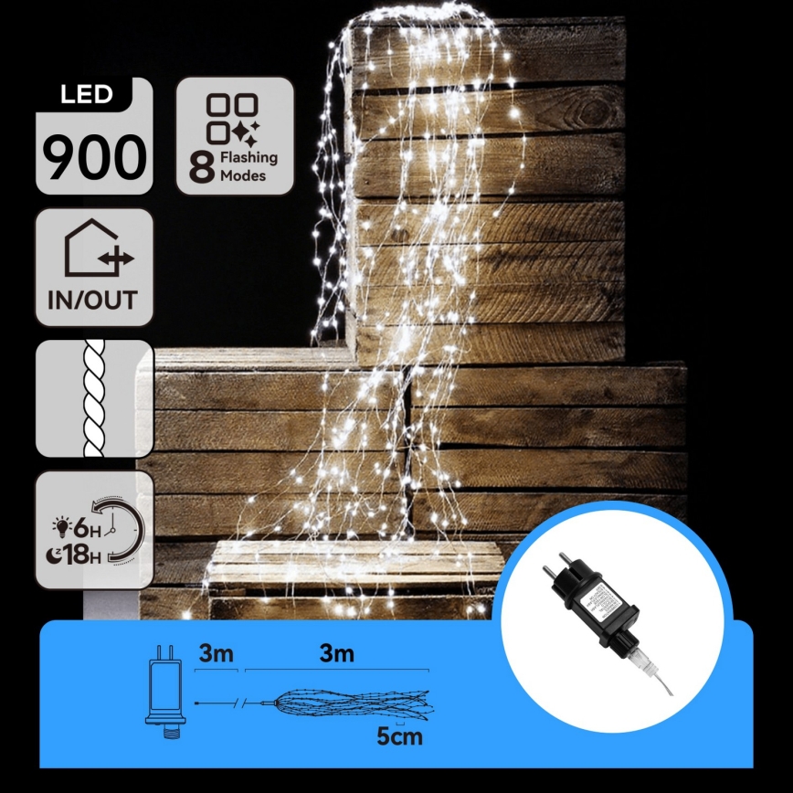 Aigostar - Guirlande de Noël LED extérieure 900 LED/8 fonctions 6 m IP44 blanc froid