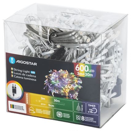 Aigostar - Guirlande de Noël extérieure LED 600 LED / 8 fonctions, 30 m, IP44, multicolore