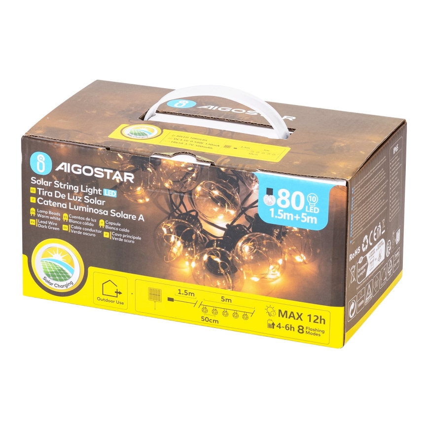 Aigostar - Guirlande de Noël solaire 10xLED/8 fonctions 6,5m IP65 blanc chaud