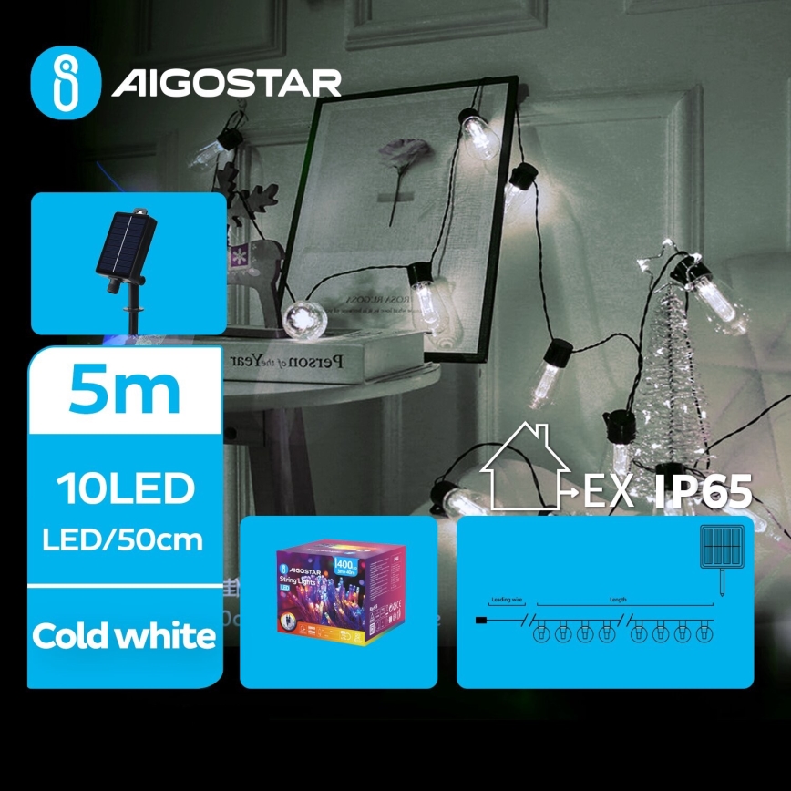 Aigostar - Guirlande de Noël solaire 10xLED/8 fonctions 6,5m IP65 blanc froid