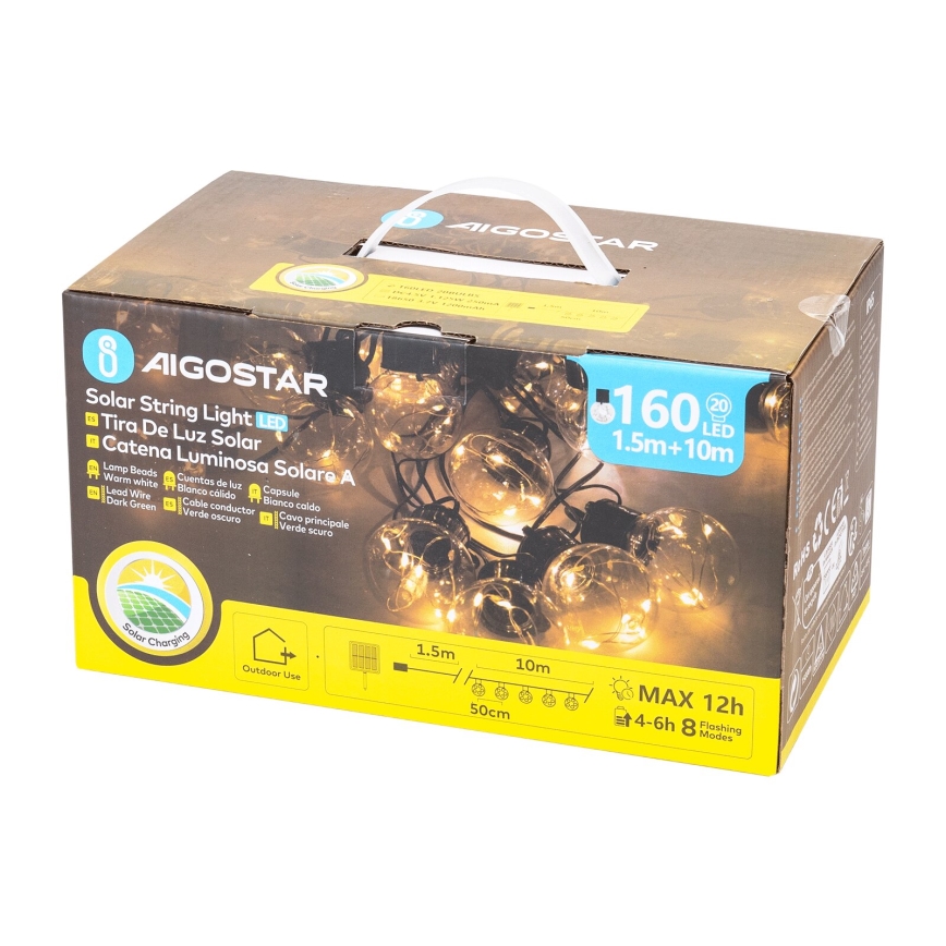 Aigostar - Guirlande de Noël solaire 20xLED/8 fonctions 11,5m IP65 blanc chaud
