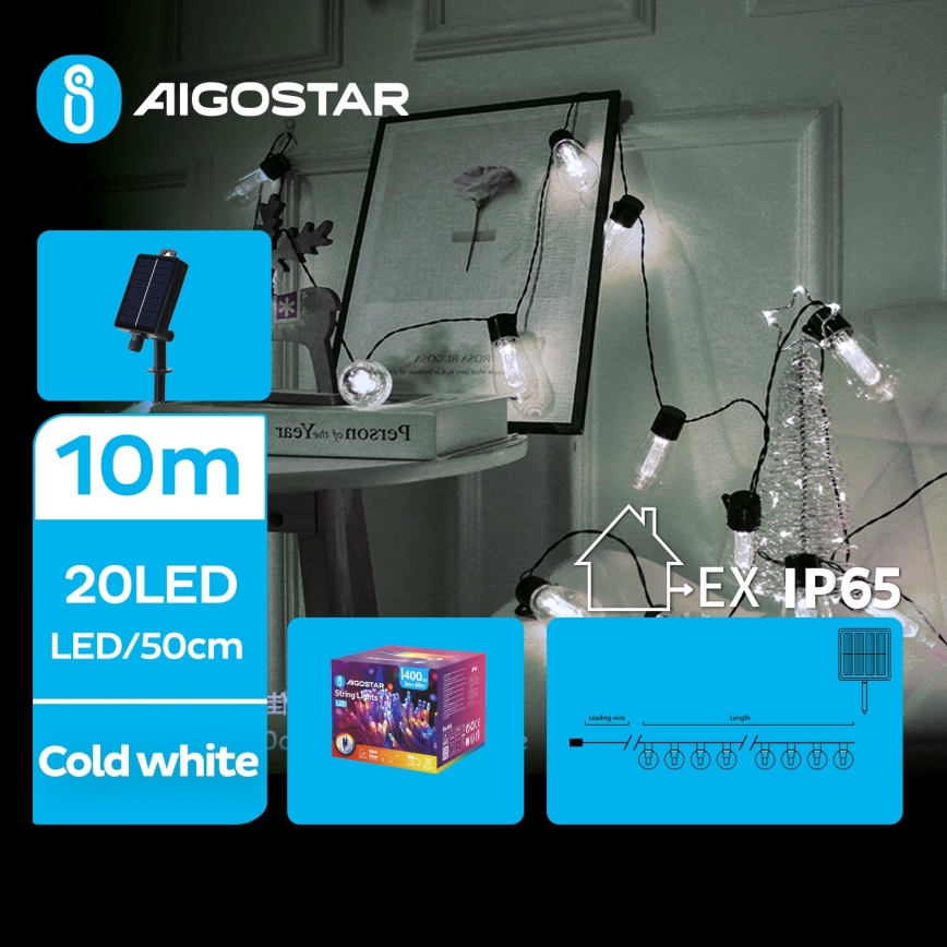 Aigostar - Guirlande de Noël solaire 20xLED/8 fonctions 11,5m IP65 blanc froid
