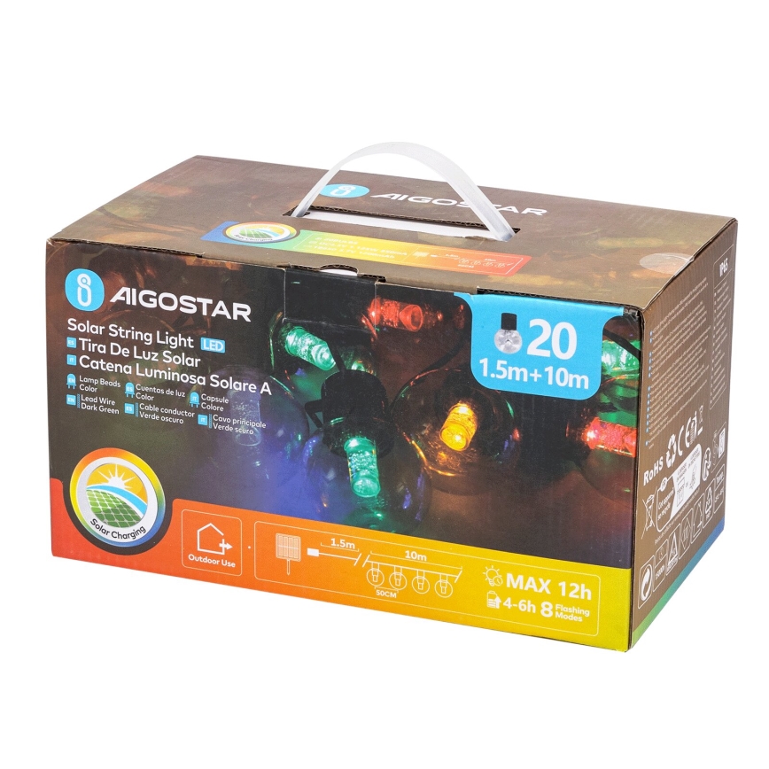 Aigostar - Guirlande de Noël solaire 20xLED/8 fonctions 11,5m IP65 multicolore