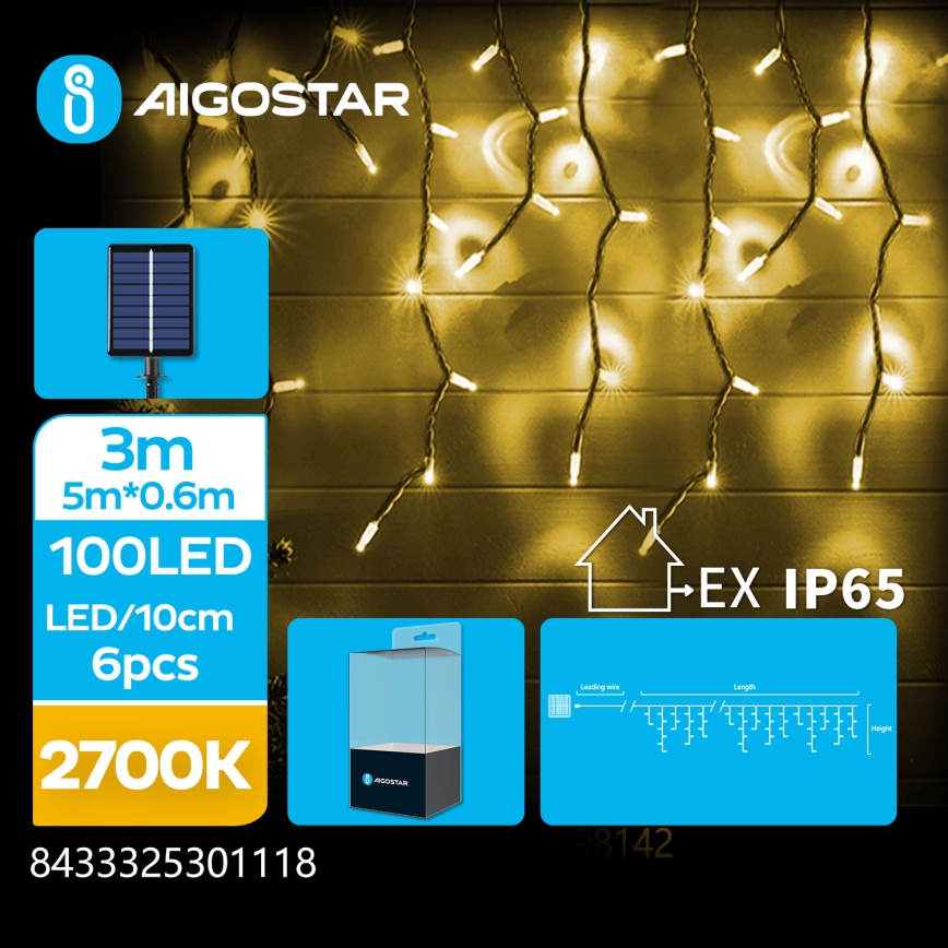 Aigostar - Guirlande de Noël solaire à LED, 100 LED, 8 fonctions, 8 × 0,6 m, 800 mAh, IP65, blanc chaud