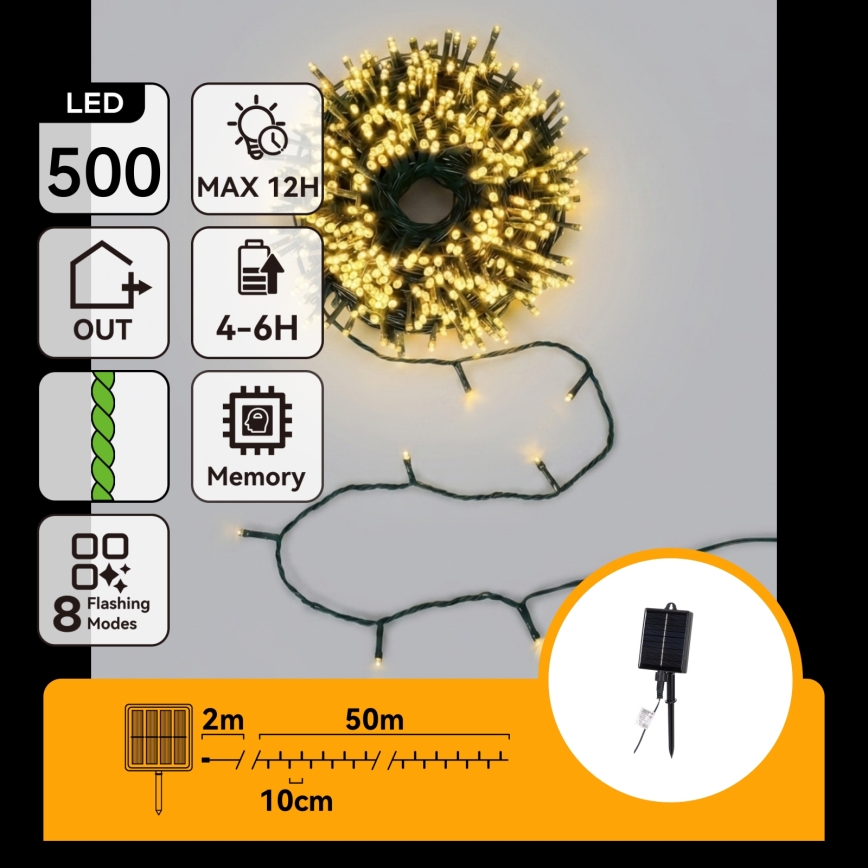 Aigostar - Guirlande de Noël solaire à LED 500 LED / 8 fonctions 52 m IP65 blanc chaud 1200 mAh