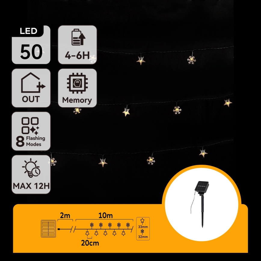 Aigostar - Guirlande de Noël solaire à LED 50xLED/8 fonctions 12m 800mAh IP65 blanc chaud