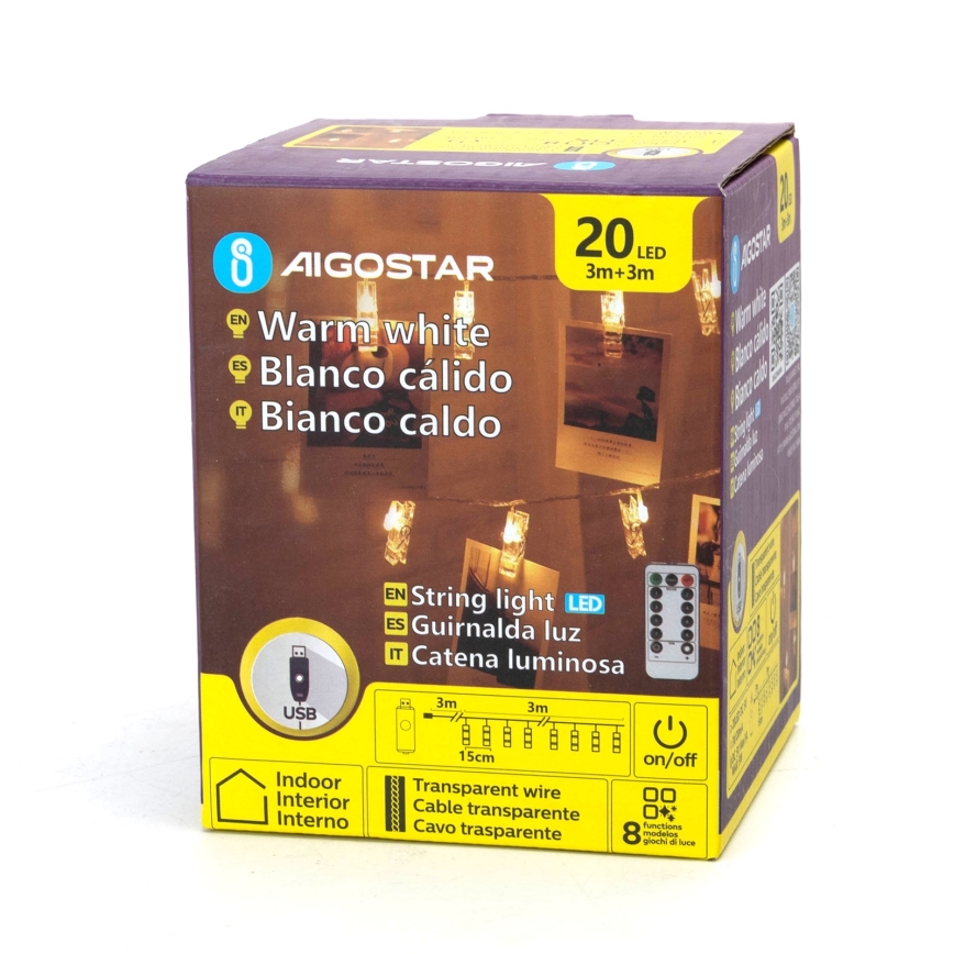 Aigostar - Guirlande décorative à LED, 20 LED, 5 W, USB, 6 m, blanc chaud