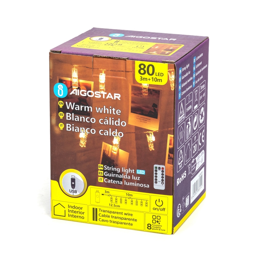 Aigostar - Guirlande décorative LED 80 LED/5 W/USB 13 m blanc chaud