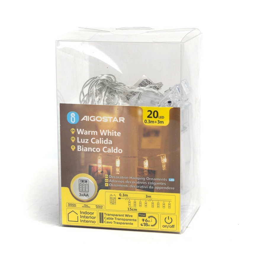Aigostar - Guirlande décorative LED avec pinces, 20 LED, alimentation 3×AA, 3,3 m, blanc chaud