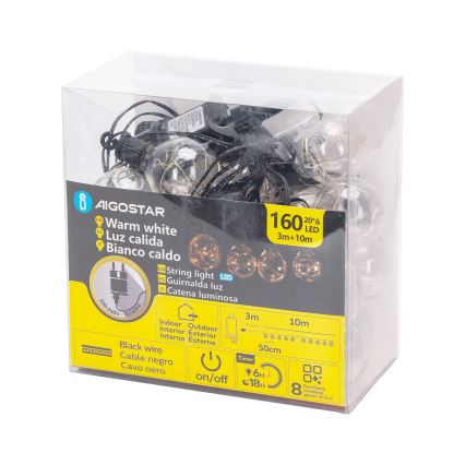 Aigostar - Guirlande décorative LED extérieure 160 LED, 10 m, IP44, blanc chaud