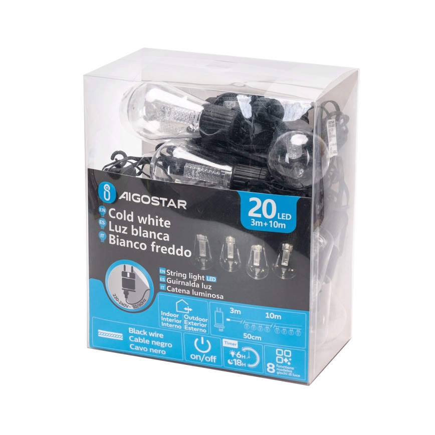 Aigostar - Guirlande décorative LED d'extérieur 20 LED/13 m IP44 blanc froid