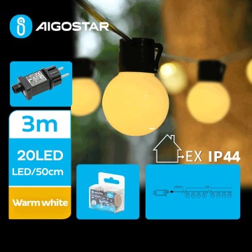 Aigostar - Guirlande décorative LED d'extérieur 20 LED / 3 m IP44, blanc chaud