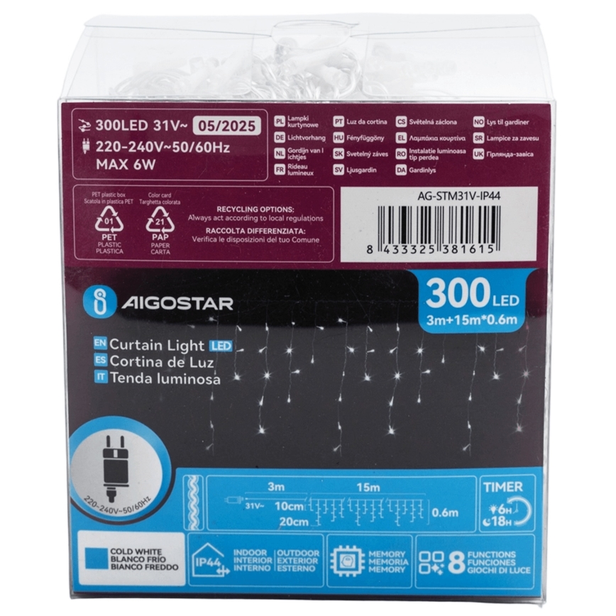 Aigostar - Guirlande lumineuse décorative d'extérieur 300 LED / 6 W / 230 V 15 x 0,6 m IP44 blanc froid