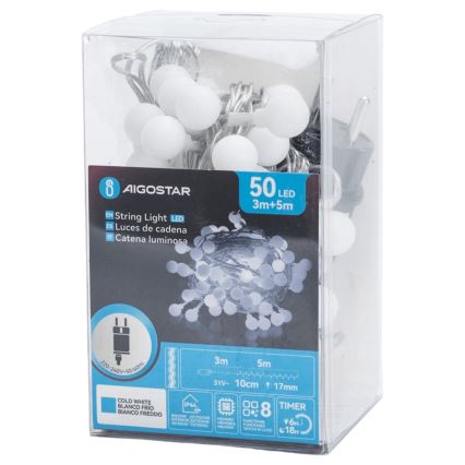 Aigostar - Guirlande décorative LED d'extérieur 50 LED/8 fonctions 5 m IP44 blanc froid