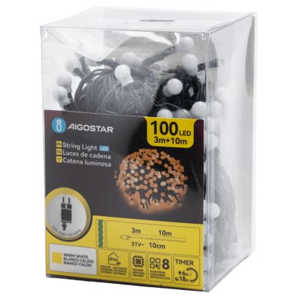 Aigostar - Guirlande lumineuse LED d'extérieur 100 LED / 8 fonctions, 10 m, IP44, blanc chaud