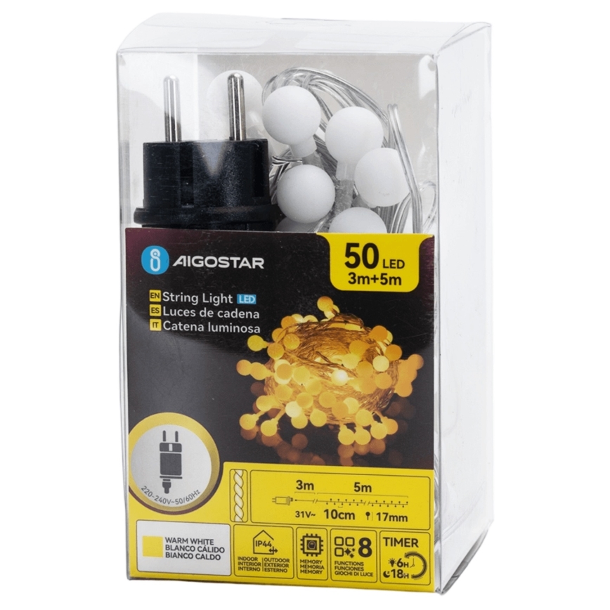 Aigostar - Guirlande décorative LED d'extérieur 50 LED/8 fonctions 5 m IP44 blanc chaud