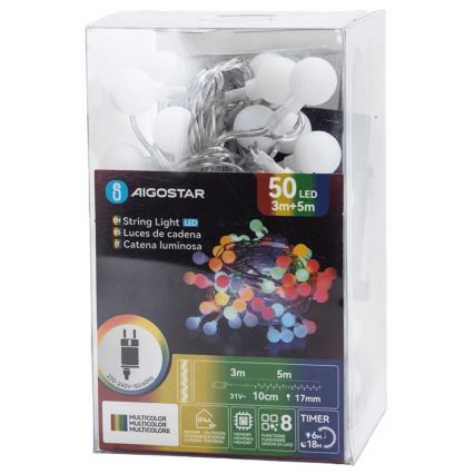 Aigostar - Guirlande LED d'extérieur décorative, 50 LED, 8 modes, 5 m, IP44, multicolore