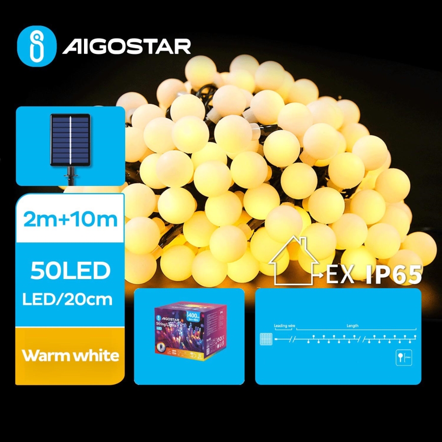 Aigostar - Guirlande décorative solaire 50xLED/8 fonctions 12m 800 mAh IP65 blanc chaud