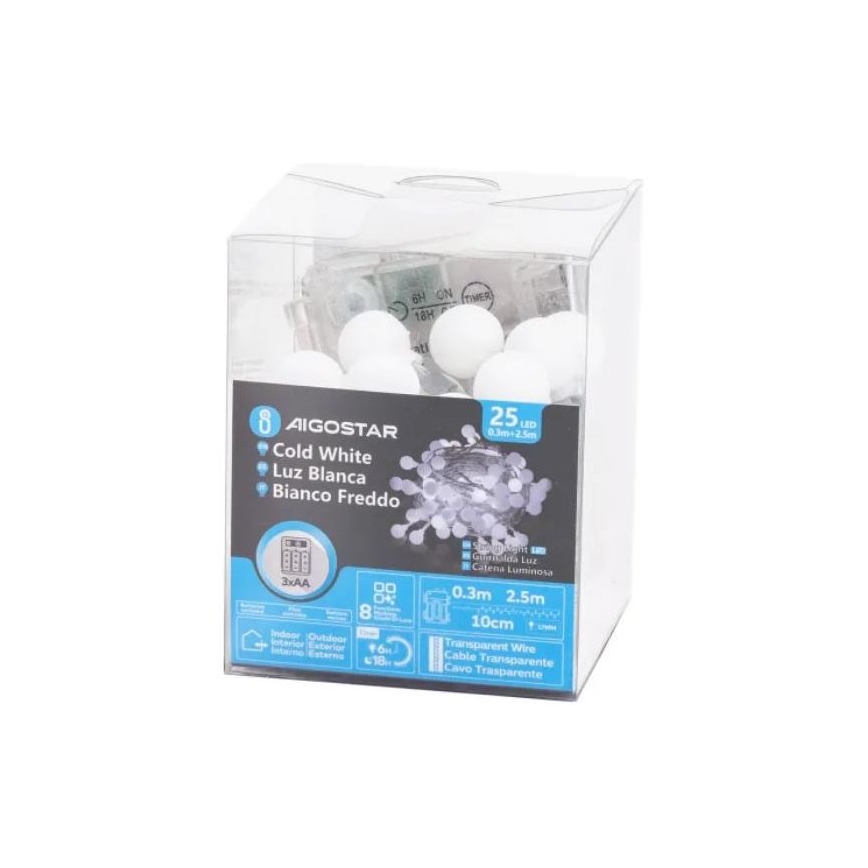 Aigostar - Guirlande de Noël extérieure 25xLED/3xAA/8 fonctions 2,8 m IP44 blanc froid