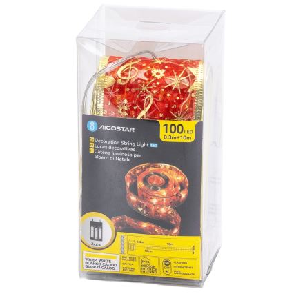 Aigostar - guirlande lumineuse LED 100xLED/3xAA 10 m blanc chaud/rouge
