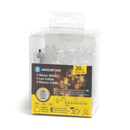 Aigostar - Guirlande LED 20 LED / 3x AA, 3,3 m, motif flocons