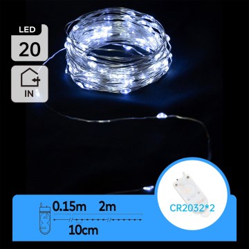Aigostar - guirlande LED 20 × LED / 2 × 3 V, 2 m, blanc froid