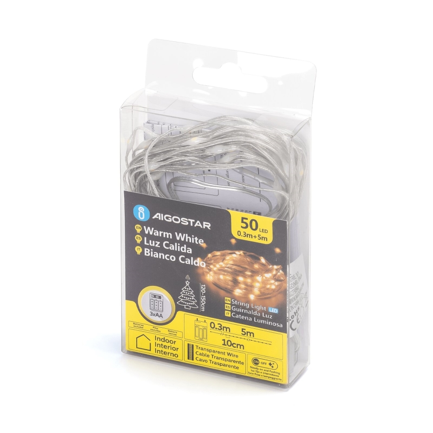 Aigostar - Guirlande LED 50xLED/3xAA 5,3m blanc chaud