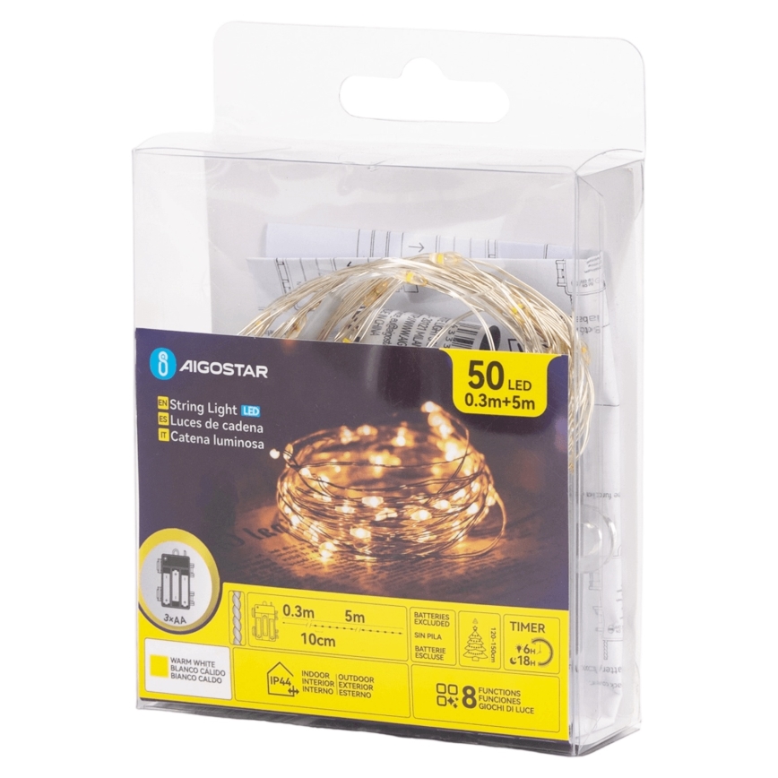 Aigostar - Guirlande lumineuse LED extérieure 50xLED/3xAA 5,3 m blanc chaud