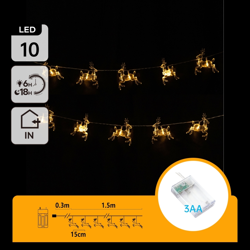 Aigostar - Guirlande LED de Noël 10xLED/3xAA 1,5m blanc chaud à motifs rennes