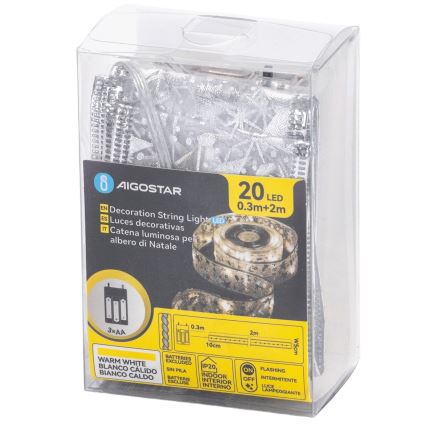 Aigostar - Guirlande de Noël LED 20 LED / 3 piles AA, 2 m, blanc chaud, argentée