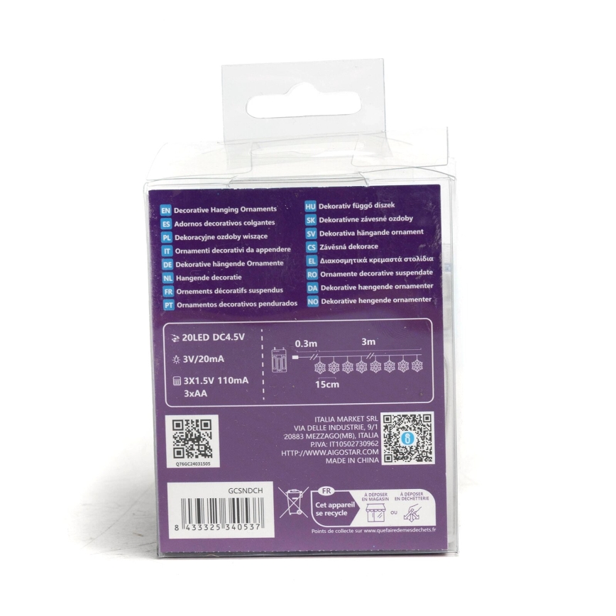 Aigostar - Guirlande LED de Noël 20xLED/3xAA 3,3 m flocons
