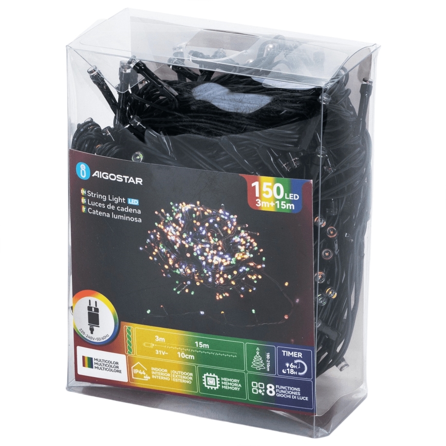 Aigostar - Guirlande LED de Noël d'extérieur 150 LED, 8 modes, 18 m, IP44, multicolore