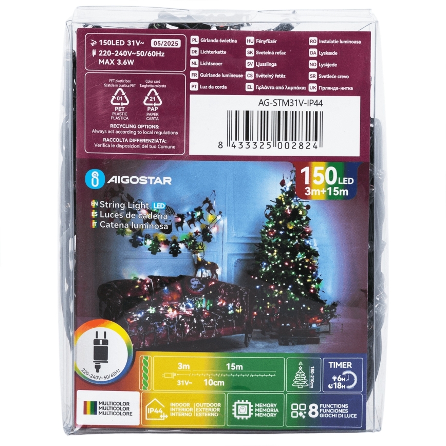 Aigostar - Guirlande LED de Noël d'extérieur 150 LED, 8 modes, 18 m, IP44, multicolore