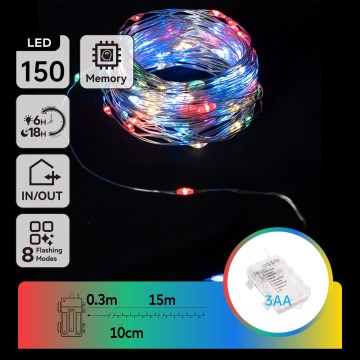Aigostar - Guirlande LED de Noël d'extérieur 150xLED/8 fonctions/3xAA 15,3m IP44 multicolore
