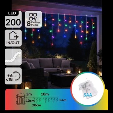Aigostar - Guirlande LED de Noël d'extérieur 200 LED, 8 fonctions, 3xAA, 13 x 0,6 m, IP44, multicolore
