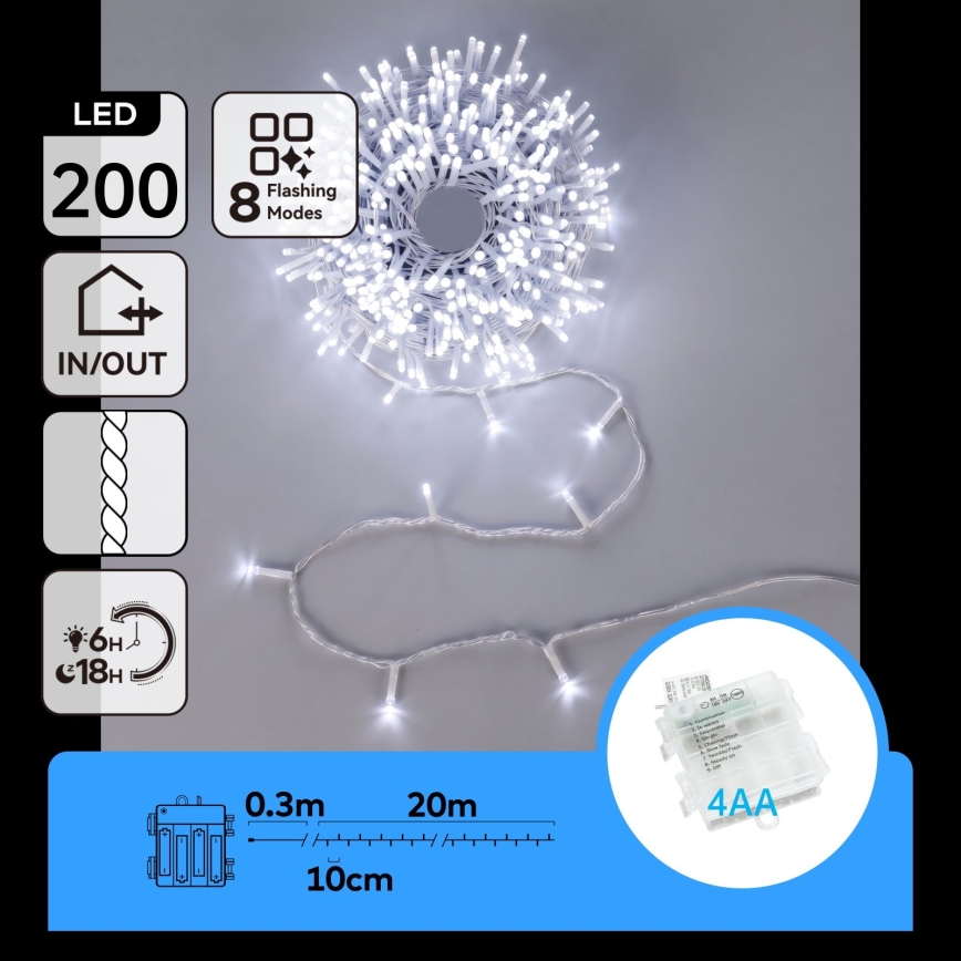 Aigostar - Guirlande LED de Noël d'extérieur 200xLED/8 fonctions 4xAA 20m IP44 blanc froid