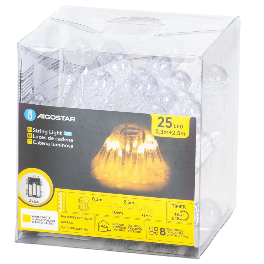 Aigostar - Guirlande de Noël LED d'extérieur 25xLED/8 fonctions 3xAA 2,5 m IP44 blanc chaud gouttes