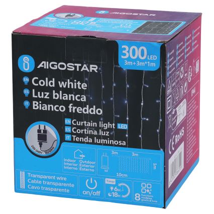 Aigostar - Guirlande de Noël LED extérieure 300 LEDs, 8 modes, 3×1 m, IP44, blanc froid + télécommande
