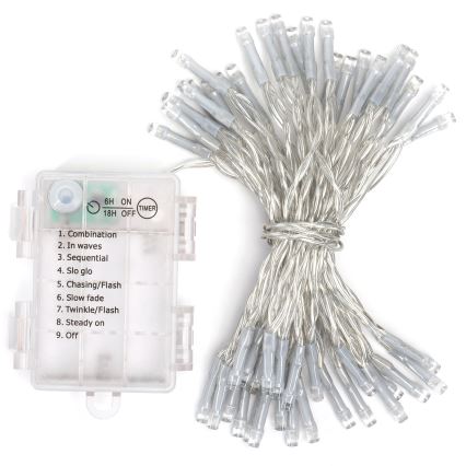 Aigostar - Guirlande LED de Noël d'extérieur 50 LED / 8 modes 3xAA 5,3m IP44 blanc chaud